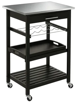 Produktbild von Servierwagen, Kš¹chenwagen, Rolltisch mit Flaschenablage, 60 x 40 x 85 cm (L x B x H), Edelstahlplatte. Schwarz.