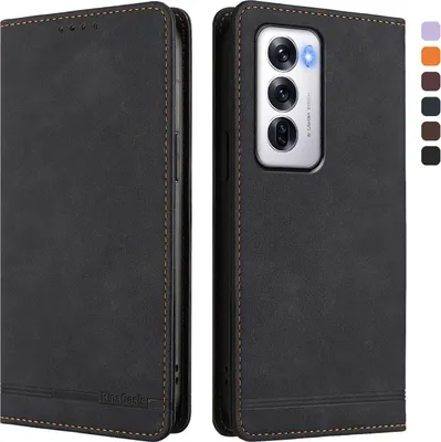 Image de Etui pour Oppo Reno12 5G, étui rétro en cuirPolyuréthaneavec support et fentes pour cartes de crédit Noir