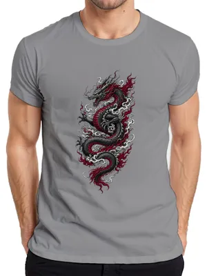 Productafbeelding van Japans draak, Aziatische tattoo-stijl, rood en zwart, Japans, Y2K, heren T-shirt, grijs, maat L