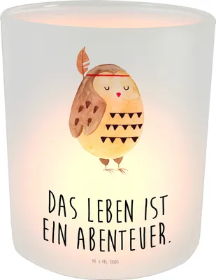 Produktbild von Mr. & Mrs. Panda Kerzenhalter Eule Federschmuck - Transparent - Geschenk, Dekoration, glaswindlicht, Windlicht aus Glas, Abenteuer, laterne teelicht, Owl, Kerzenglas