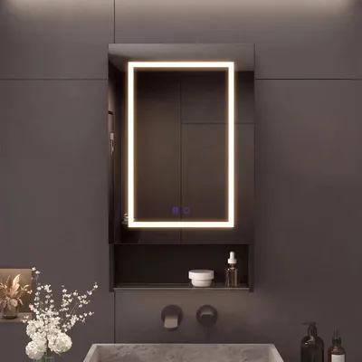 Produktbild von Intelligenter LED-Badezimmerspiegel - Spiegelschrank 50x88x16 cm - Wandmontage - Anti-Beschlag Funktion - Badschrank mit Türen - Holz - Weiß