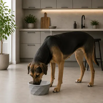 Produktbild von belviona Futternapf für Hunde, Keramiknapf mit rutschfestem Silikonboden, für Nassfutter, Trockenfutter & Wasser, 1100 ml, dunkelgrau/hellgrau matt, KI-generiertes Bild