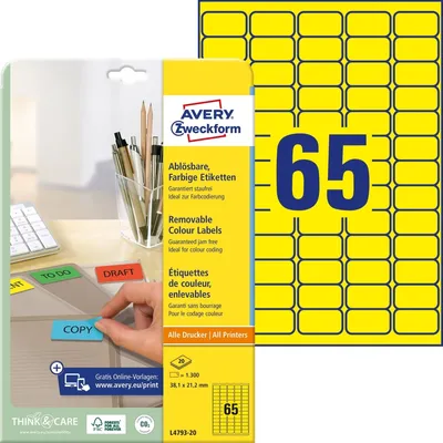 Produktbild von Avery Zweckform L4793-20 Farbige Etiketten, ablösbar, A4, 38,1 x 21,2 mm, 20 Bogen/1.300 Etiketten, gelb