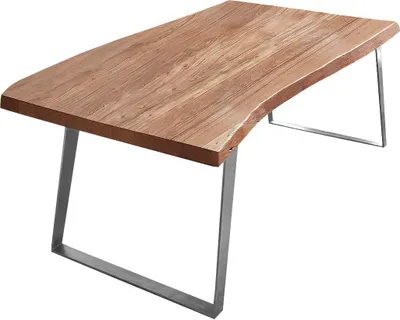 Produktbild von Esszimmertisch 180x90 cm Halmstad, Baumkantentisch naturfarben, Akazienholz massiv, schräges U-Gestell aus Metall Silber