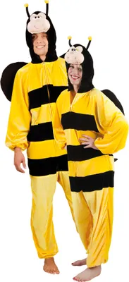 Two people wearing bee costumes.