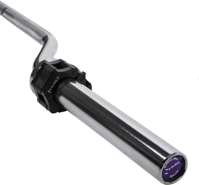 A close-up shot of a silver barbell with a black clamp and purple end cap, isolated on a white background.