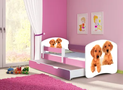 Obrázok produktu pre Posteľ pre mladých ACMA detská posteľ junior kompletná súprava s lamelovým roštom a ochranou proti vypadnutiu matraca ružová 39 šteniatok 140x70 + základňa postele
