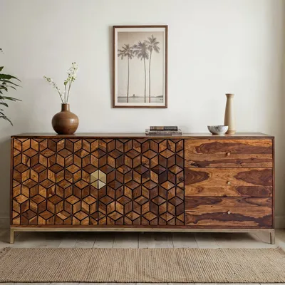 Image de FineBuy Sideboard Sheesham bois massif 180cm 2 portes & 3 tiroirs - Commode rétro massive châssis métallique design naturel buffet - Handdustrial