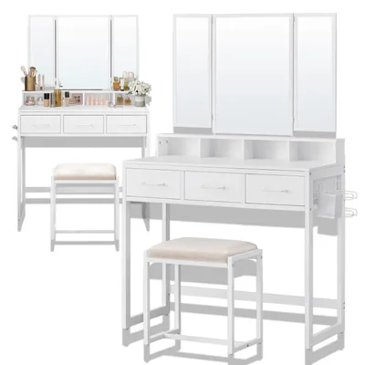 Two white vanity tables with mirrors and stools are shown against a white background.