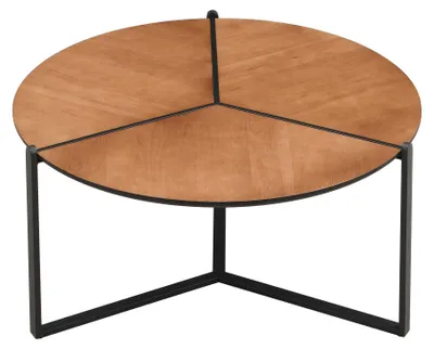 Couchtisch 80cm Wohnling mit runder brauner Holzoptik-Platte und schwarzem Dreibein-Metallgestell in Gesamtansicht.
