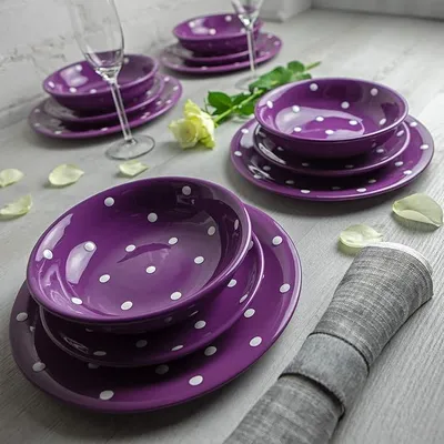Productafbeelding van - Tellerset, 12-delig | Lila en wit | Stippenprint | Handgemaakt | Keramische serviesset | Servies voor 4 personen