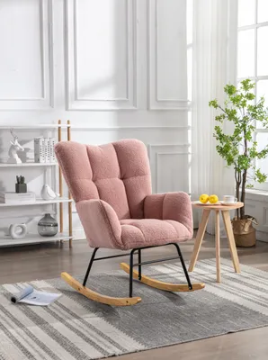 Produktbild von okwish Klassischer Ohrensessel, moderner Liege-Lesestuhl, gepolsterter Schaukelstuhl mit Teddybär-Stoff, gepolsterter Sitz, Wohnzimmer, Schlafzimmer, Rosa