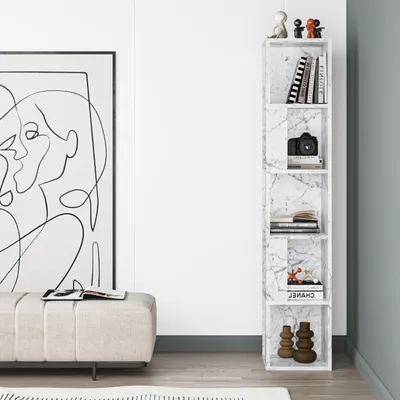 Immagine prodotto di DECORTIE Piano Libreria moderna ad angolo, effetto marmo bianco, 31 x 31 x 159 cm