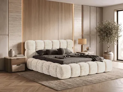 Image de Lit tapissier BESILIO 180x200 cm, modèle Tokyo, en tissu chenille - Lit avec coffre de rangement intégré et sommier à lattes - Couleur crème