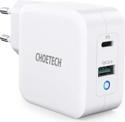 Zdjęcie produktu dla Choetech szybka ładowarka sieciowa GaN USB Typ C PD USB-A QC3.0 65W 3,25A biały (PD8002)
