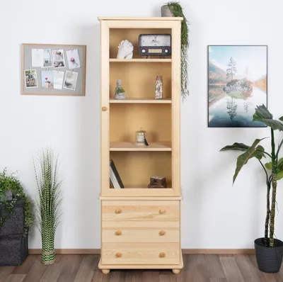Produktbild von Bücherregal Bücherschrank Büchervitrine - 65 cm breit, Kiefer Holz-Massiv, Optik: Natur