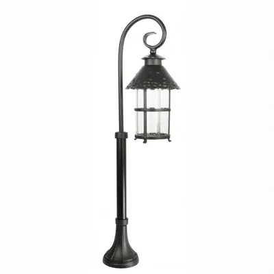 A black outdoor lamp post with a lantern.