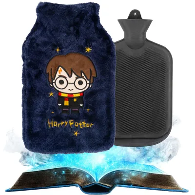 A Harry Potter themed hot water bottle with a plush cover is shown next to a plain black hot water bottle, with an open book emitting light and smoke at the bottom.