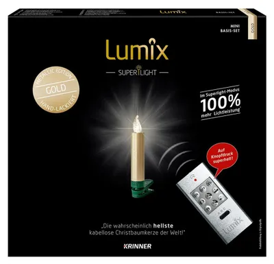 Productafbeelding van Set van 12 draadloze kerstboomkaarsen, merk Krinner, model Lumix Superlight Mini, metallic goud, lichtkleur warm wit
