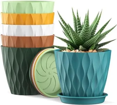Produktbild von 6er Set Blumentöpfe 10cm - Waffelmuster mit Untersetzer, Plastik mit Löchern, für Sukkulenten, Innen Outdoor, für Balkon Garten, Bunt
