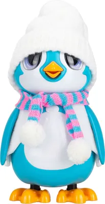 A toy penguin wearing a hat and scarf.