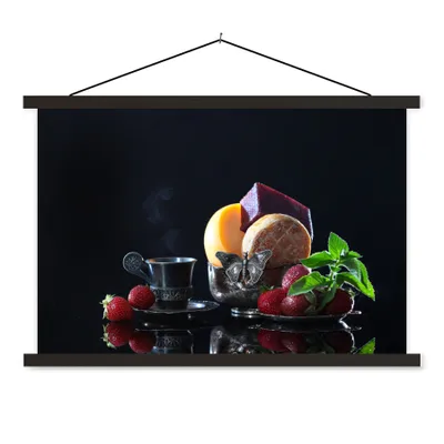 Produktbild von MuchoWow® Textilposter Rustikal - Obst - Käse - Tisch - Stilleben 90x60 cm mit schwarzem Rahmen - Aufhängungssatz
