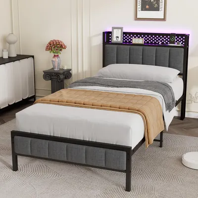 Produktbild von STILVORA Polsterbett Metallbett Kopfteil mit Steckdose, Bettgestell Jugendbett mit 2 USB-Ladeanschlüssen, LED-Beleuchtung 90x200 cm,ohne Matratze