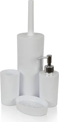 Produktbild von 4-teiliges Badezimmer Zubehör Set ( Weiß ), Zahnbürstenbecher - Seifenspender - Seifenschale - WC-Garnitur, Badaccessoires