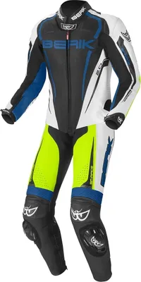 Zdjęcie produktu dla Berik Race-X 1-częściowy kombinezon motocyklowy ze skóry, czarny/biały/niebieski/żółty, 50