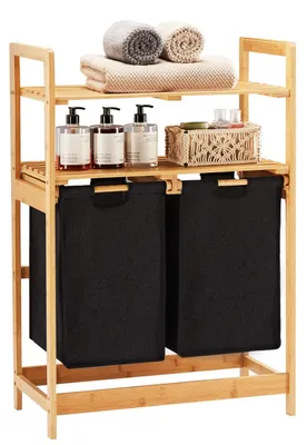 Wasmand aus Bambus, 2 Ablagen, 2 Wäschebeutel, 93x64x33 cm, schwarz