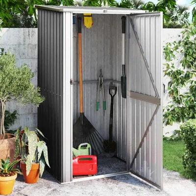 A garden shed filled with tools, set in an outdoor garden environment.