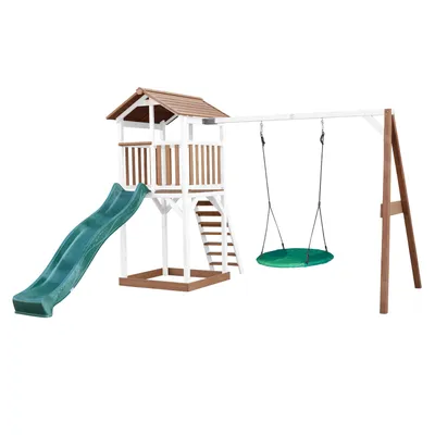 Produktbild von AXI Beach Tower Spielturm aus Holz in Braun & Weiß | Spielhaus für Kinder mit grüner Rutsche, Nestschaukel und Sandkasten | Stelzenhaus für den Garten