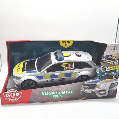 Produktbild von Dickie Toys Mercedes-AMG E43 Polizeiauto, Polizei, motor. Spielzeugauto, Heckklappe öffnet per Knopfdruck mit Hundegebell-Soundeffekt, inkl. Batterien, 30 cm, Silber/Blau