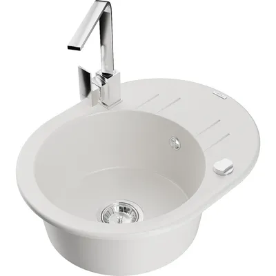 Zdjęcie produktu dla Mexen Kevin zlewozmywak granitowy 1-komorowy z ociekaczem i baterią kuchenną Rita, biały - 6517-20-670300-00