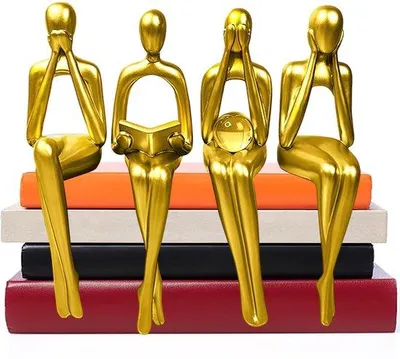 Imagen del producto de Uniqoos®: Juego de 4 figuras decorativas abstractas de resina, 17 cm, color dorado. Esculturas para el hogar, la oficina y la estantería