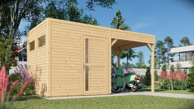 Produktbild von Gartenhaus Basel 02 mit Anbaudach inkl. Fußboden, Naturbelassen - 19 mm Elementgartenhaus, Nutzfläche: 5,10 m², Flachdach