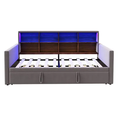 Produktbild von Flieks Schlafsofa Jugendbett 90x190cm mit Ausziehbett, Tagesbett Daybed mit Led, Polsterbett Einzelbett mit Ladefunktion und Stauraum, Samt Dunkelgrau