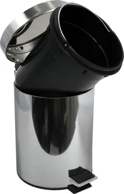 A close-up studio shot of a silver and black pedal bin.