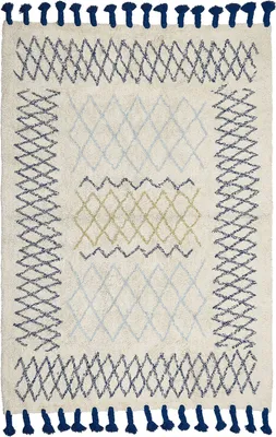 Produktbild von BELIANI Teppich Beige und Blau Baumwolle Rechteckig 140 x 200 cm Geometrisches Muster Fransen Handgetuftet Boho Kurzhaar Fußbodenheizung Geeignet