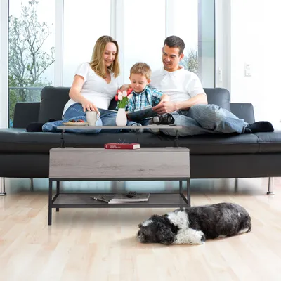 Produktbild von Relaxdays Couchtisch aufklappbar, mit Ablage, Wohnzimmertisch mit Stauraum, Holzoptik, HBT: 45,5x90x60 cm, grau/schwarz