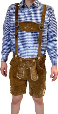 Produktbild von Premium Herren Lederhose Tracht Kurz mit Hosenträgern Rindleder Trachtenhose Tracht Oktoberfest, Größe: 54 Farbe: Hellbraun