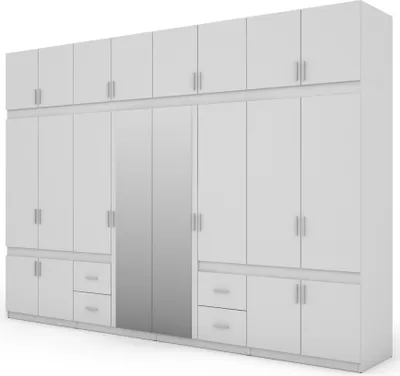 A white modular wardrobe system with mirrored doors, shown against a white background.