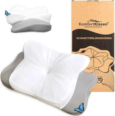 A collage of images showing a butterfly-shaped pillow and its packaging.