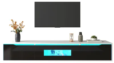 Image de Meuble TV - Meuble de salon - Meuble TV - Finition noir et blanc brillant - Éclairage LED réglable
