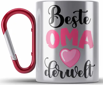 Produktbild von Trendation - Für Die Beste Oma Der Welt Edelstahl Tasse Karabiner Geschenk Geschenkidee Von Enkel Enkelin Herz (Rot)
