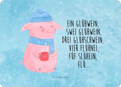 Produktbild von Mr. & Mrs. Panda Wandbild Schweinchen Glühwein DIN A3 - Eisblau - Geschenk, Türschild, Weihnachtsmarkt, Spruch, Metall, Betrunken, Schild, tafel, Weihnachten, wandtafel