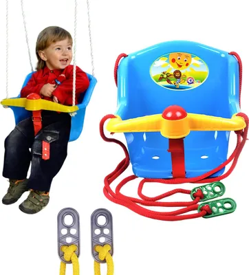 A child is sitting in a blue swing, and a separate blue swing is shown next to it. There are also some accessories for the swing.
