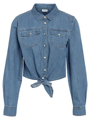 Produktbild von Modische Jeansbluse Unifarben Knopfverschluss Kentkragen | M