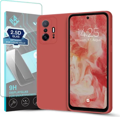 Produktbild von Hülle für Xiaomi 11T / 11T Pro mit 9H Displayglas Displayschutz Plus Case Cover Bumper Silikon Softgrip Schutzhülle Farbe: Rot