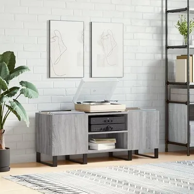 Produktbild von Plattenschrank Grau Sonoma 121x38x48 cm aus Holzwerkstoff, geräumiger LP Schrank zur Aufbewahrung von Schallplatten, stabile Oberplatte für Plattenspieler, Eisenbeine